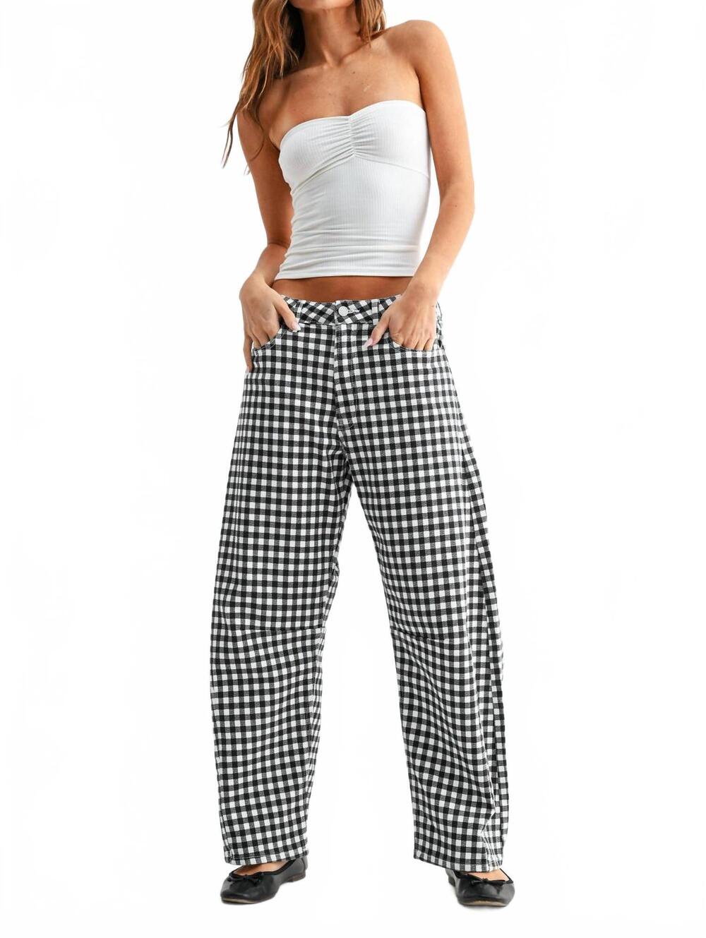 NEW JUST BLACK DENIM gingham barrel jeans in black